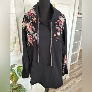 Johnny Was Black Hoodie with Vibrant Floral Embroidery